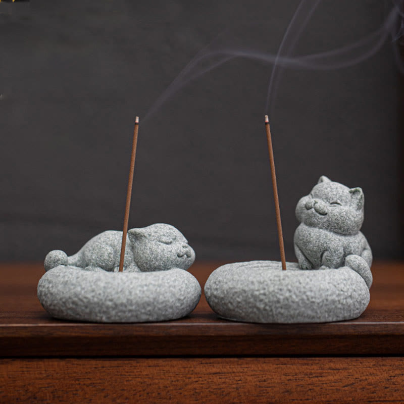 Buddha Stonesかわいい怠惰な猫の癒しの香炉 デスクデコレーション - image 2