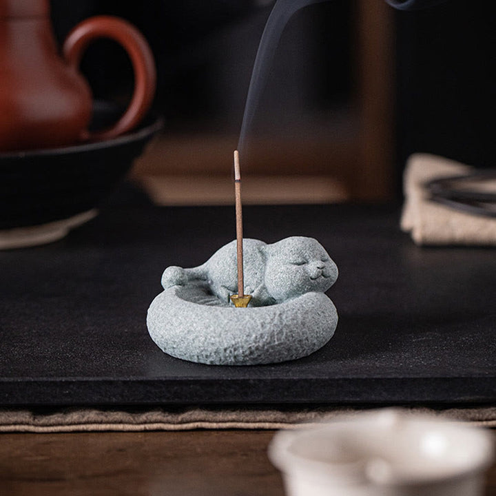 Buddha Stonesかわいい怠惰な猫の癒しの香炉 デスクデコレーション - image 16