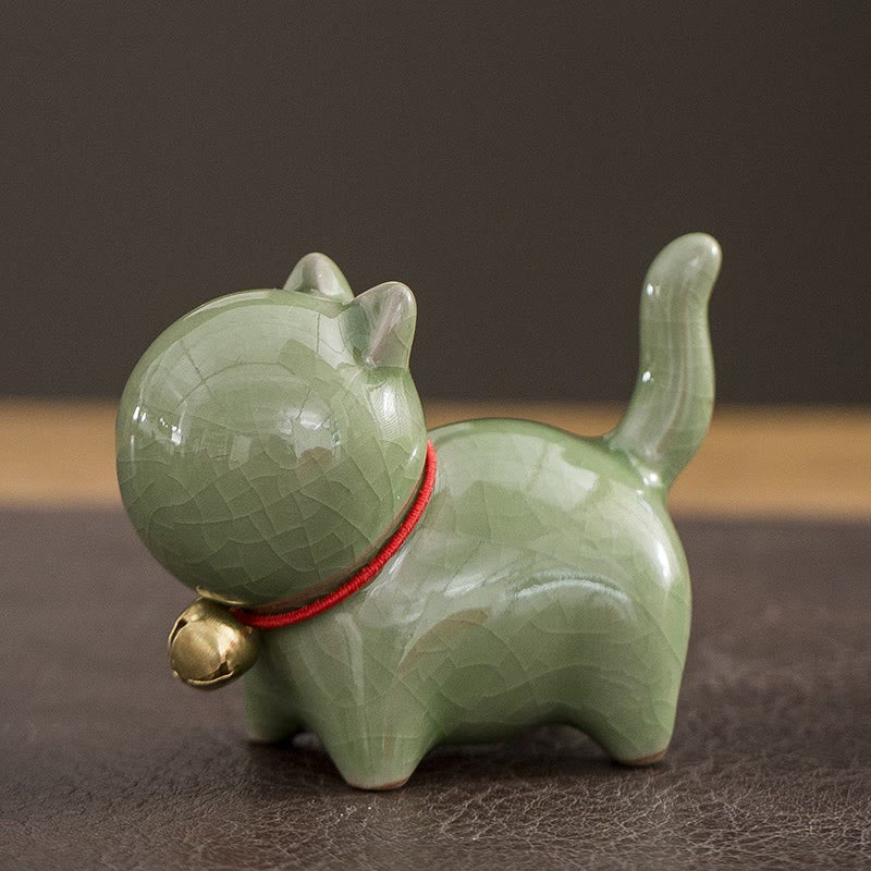 Buddha Stonesミニかわいいラッキーベル猫ティーペットセラミックホームデスク置物装飾 - 招き猫グリーン 7×3.4×5.8cm - image 3