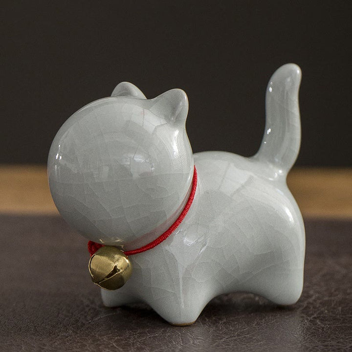 Buddha Stonesミニかわいいラッキーベル猫ティーペットセラミックホームデスク置物装飾 - 招き猫グレー ホワイト 7*3.4*5.8cm - image 9