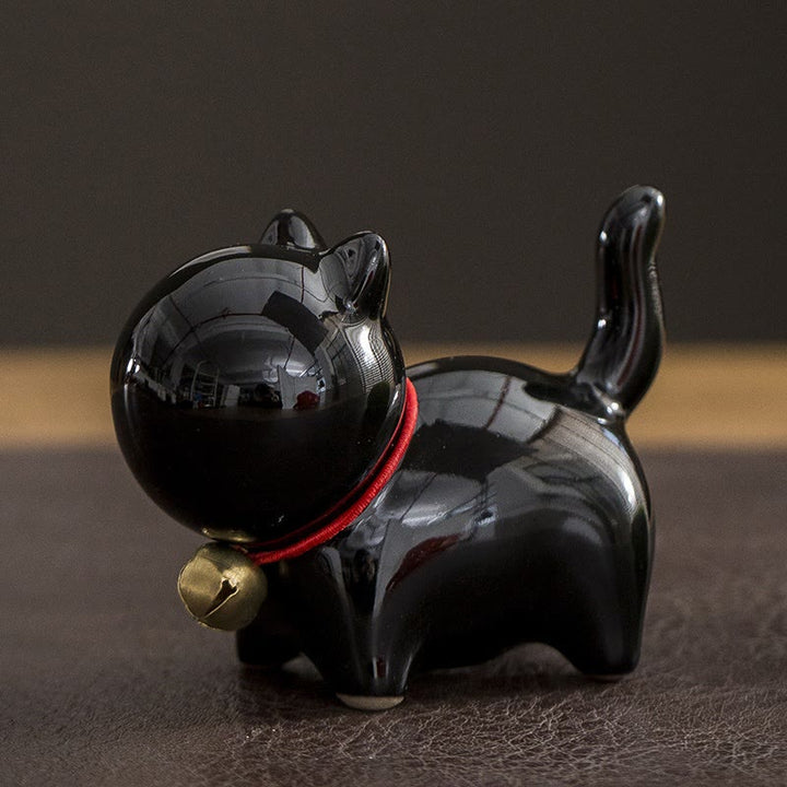 Buddha Stonesミニかわいいラッキーベル猫ティーペットセラミックホームデスク置物装飾 - 招き猫ブラック 7×3.4×5.8cm - image 12