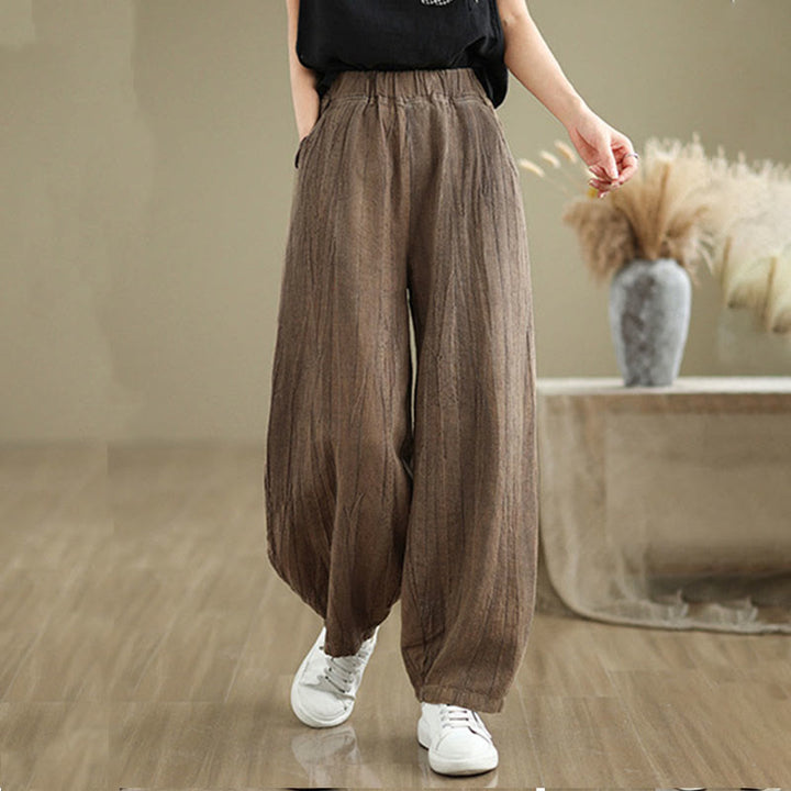 Buddha Stones無地 シワ加工デザイン 伸縮性ウエストバンド コットンリネン レディース パンツ ポケット付き - image 3