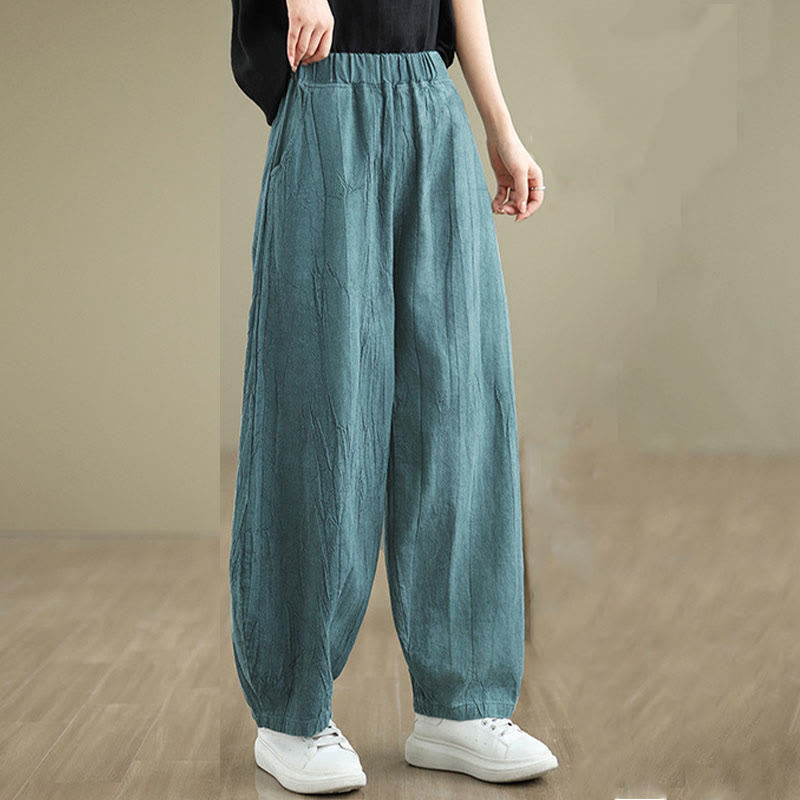 Buddha Stones無地 シワ加工デザイン 伸縮性ウエストバンド コットンリネン レディース パンツ ポケット付き - image 19