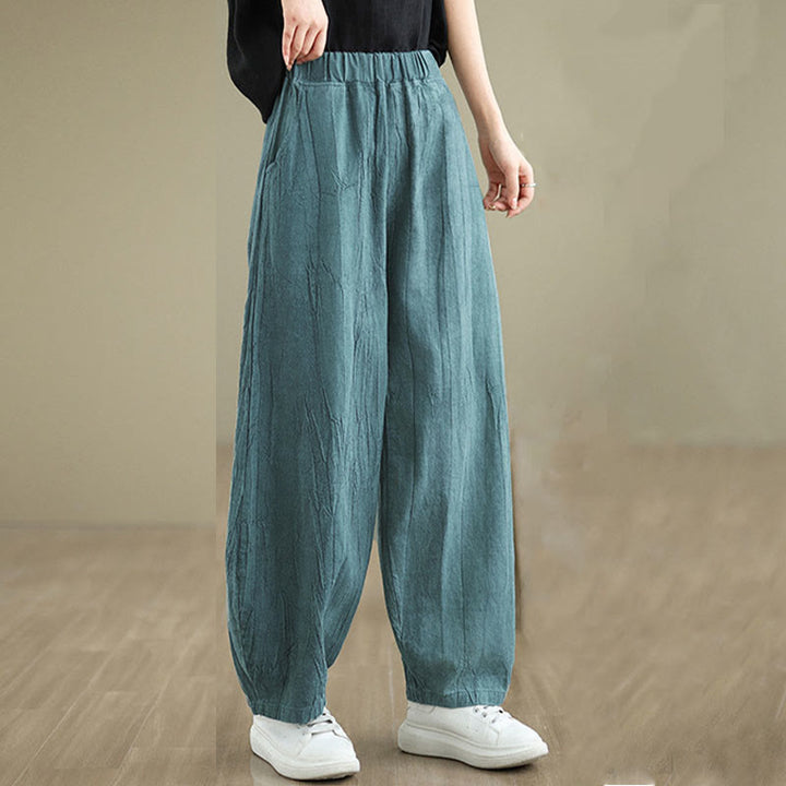 Buddha Stones無地 シワ加工デザイン 伸縮性ウエストバンド コットンリネン レディース パンツ ポケット付き - image 19