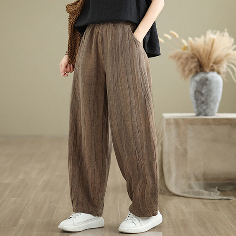 Buddha Stones無地 シワ加工デザイン 伸縮性ウエストバンド コットンリネン レディース パンツ ポケット付き - image 1
