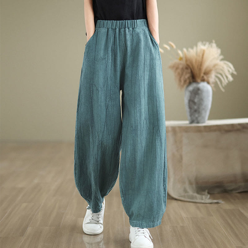 Buddha Stones無地 シワ加工デザイン 伸縮性ウエストバンド コットンリネン レディース パンツ ポケット付き - image 16