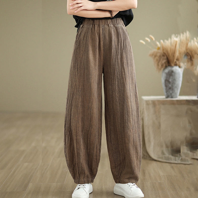 Buddha Stones無地 シワ加工デザイン 伸縮性ウエストバンド コットンリネン レディース パンツ ポケット付き - image 4