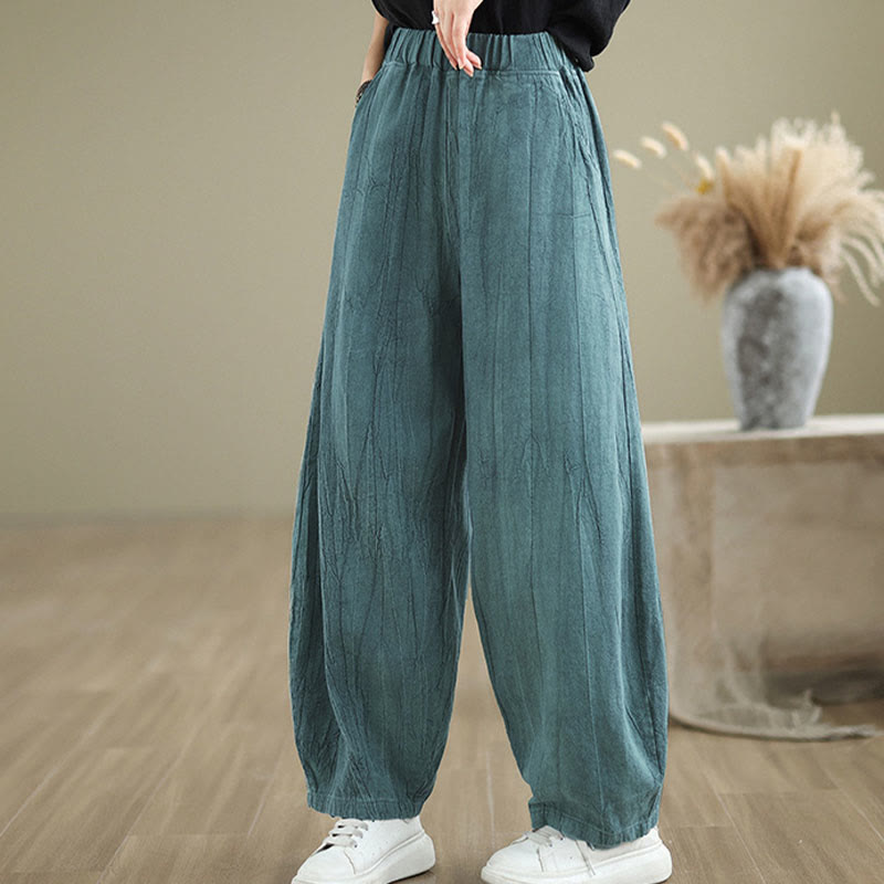 Buddha Stones無地 シワ加工デザイン 伸縮性ウエストバンド コットンリネン レディース パンツ ポケット付き - image 17