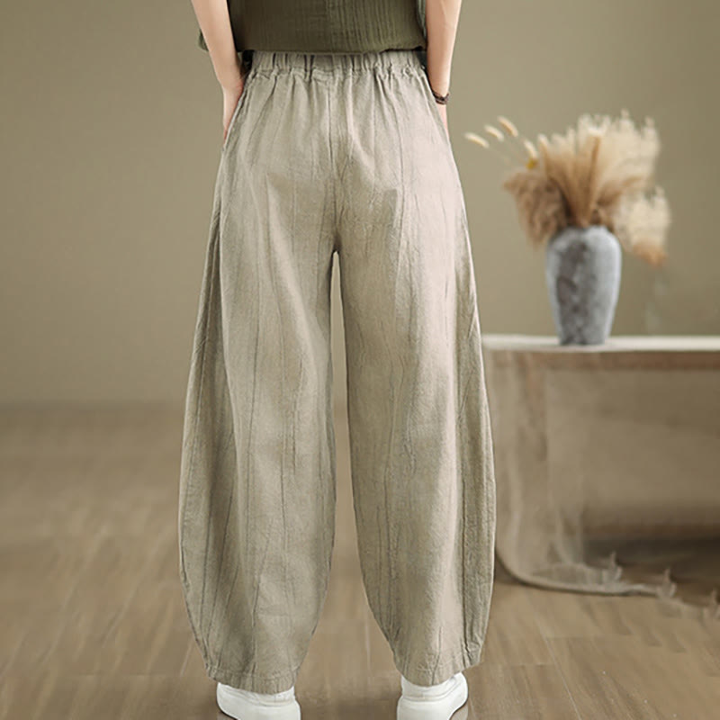 Buddha Stones無地 シワ加工デザイン 伸縮性ウエストバンド コットンリネン レディース パンツ ポケット付き - image 10