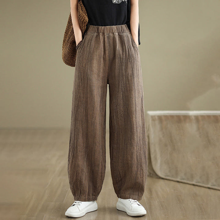 Buddha Stones無地 シワ加工デザイン 伸縮性ウエストバンド コットンリネン レディース パンツ ポケット付き - image 2