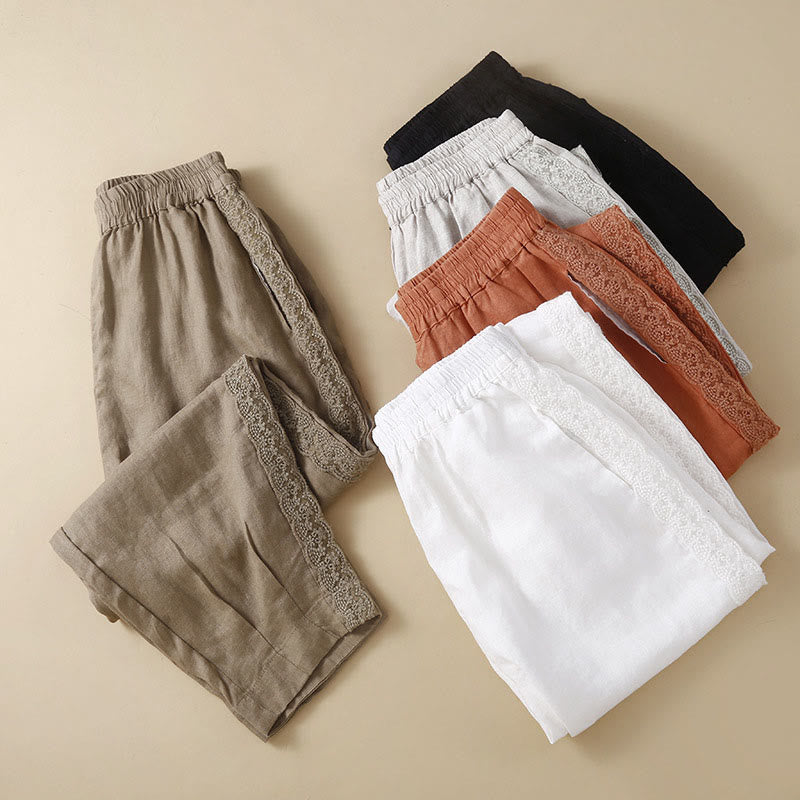 Buddha Stones無地 花刺繍 サイドリネン レディース ポケット付きパンツ - image 1