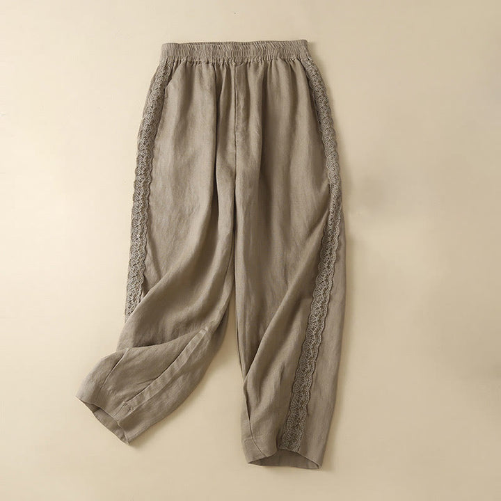 Buddha Stones無地 花刺繍 サイドリネン レディース ポケット付きパンツ - ダークカーキ - US12、 UK/AU16、 EU44 (3XL) - image 0