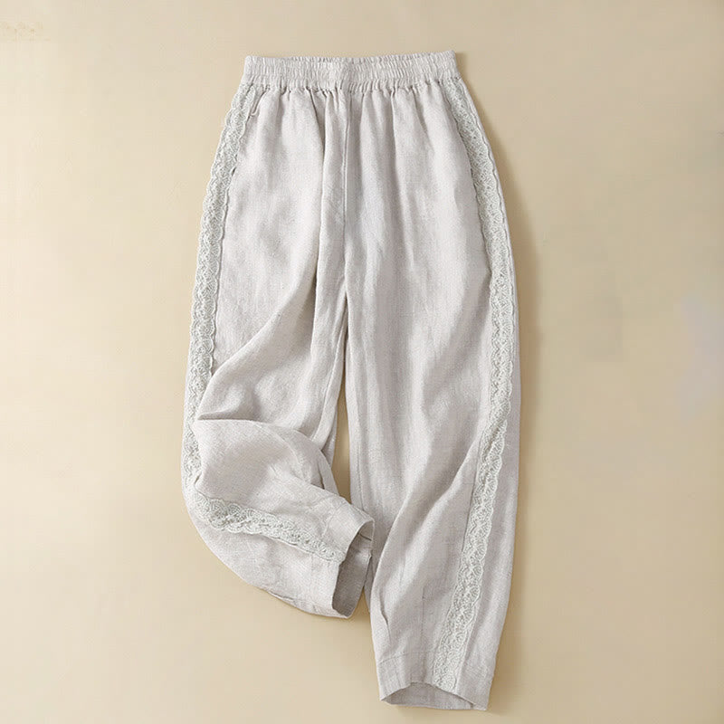 Buddha Stones無地 花刺繍 サイドリネン レディース ポケット付きパンツ - ホワイトスモーク - US12、 UK/AU16、 EU44 (3XL) - image 13