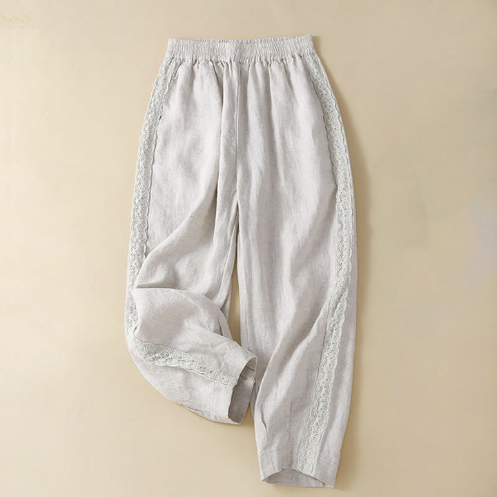 Buddha Stones無地 花刺繍 サイドリネン レディース ポケット付きパンツ - ホワイトスモーク - US12、 UK/AU16、 EU44 (3XL) - image 13