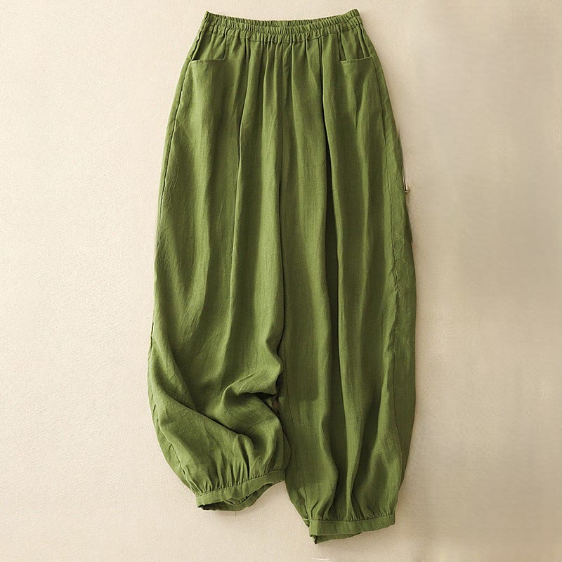 Buddha Stonesカジュアル 無地 リネン レディース パンツ ポケット付き - 黄緑 - US8-10，UK/AU12-14，EU40-42 (2XL) - image 23