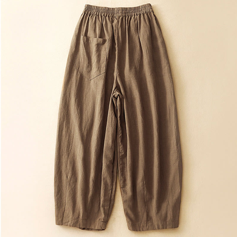 Buddha Stones無地 キャロット型 伸縮性ウエストバンド コットンリネン レディース ポケット付きパンツ - image 1