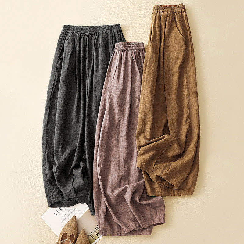 Buddha Stones無地 キャロット型 伸縮性ウエストバンド コットンリネン レディース ポケット付きパンツ - image 2