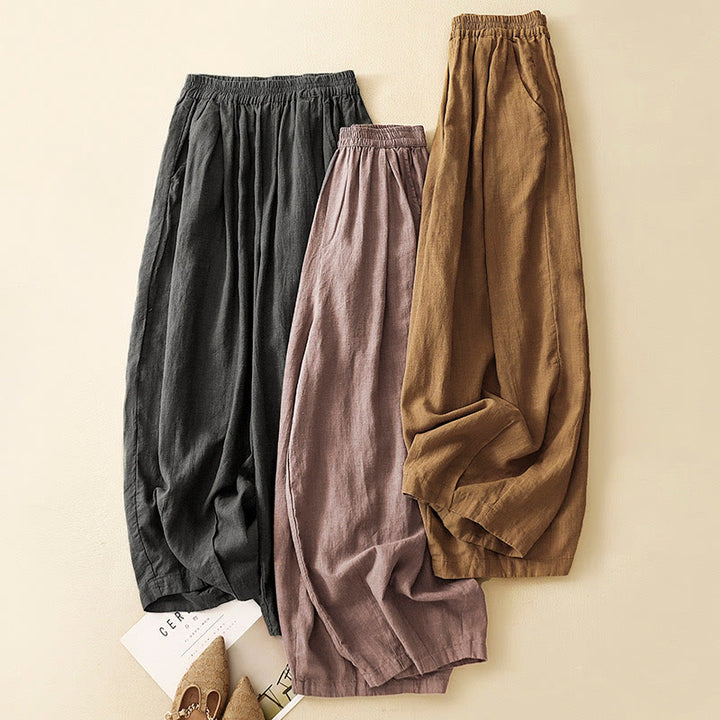 Buddha Stones無地 キャロット型 伸縮性ウエストバンド コットンリネン レディース ポケット付きパンツ - image 2