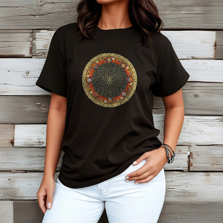Buddha Stonesの円形、オーム・マニ・パドメ・フム、 8つの吉兆のシンボルのコットンTシャツ - image 7