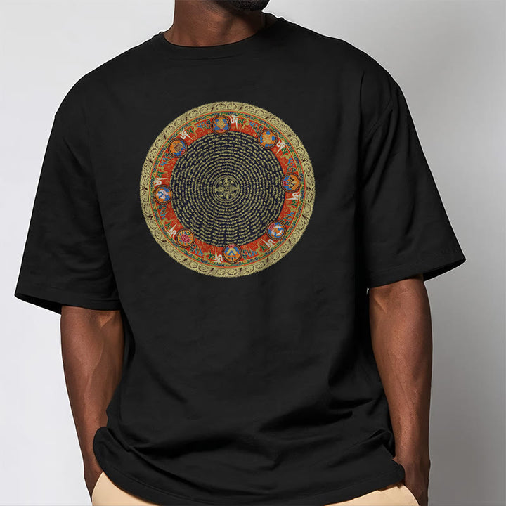 Buddha Stonesの円形、オーム・マニ・パドメ・フム、 8つの吉兆のシンボルのコットンTシャツ - image 6