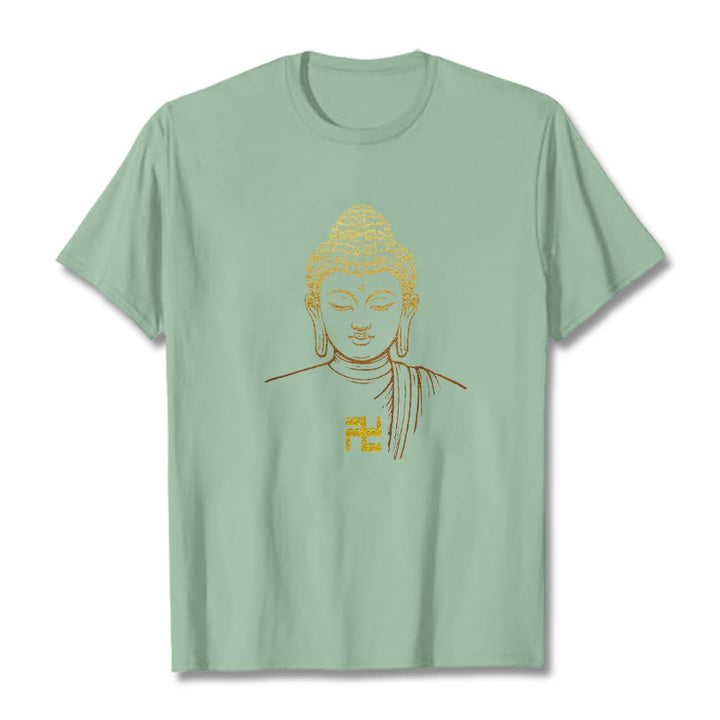 Buddha Stones卍柄 黄金仏 コットンTシャツ - ペールグリーン - 2XL - image 13