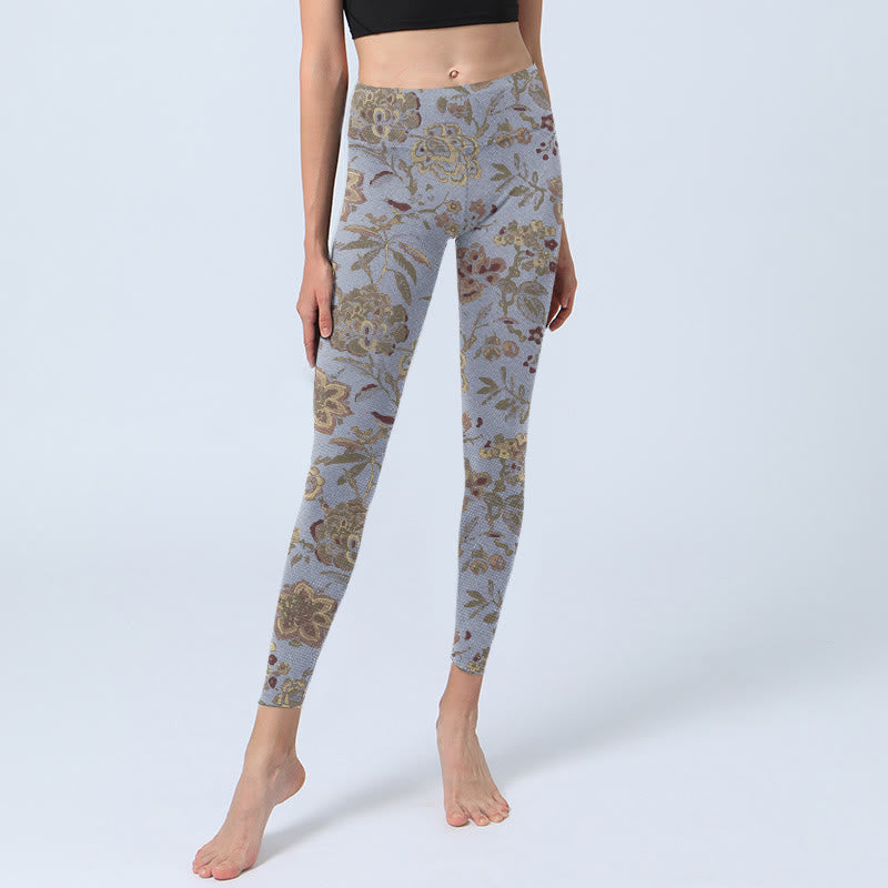 Buddha Stones、グレー、緑の葉、花柄プリントのジムレギンス、レディースヨガパンツ - image 6