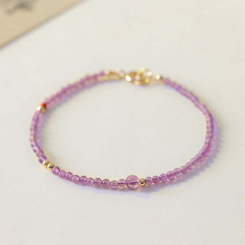 Buddha Stones2mm 極細ビーズ 天然アメジスト 14Kゴールドメッキ銅製 内なる平和瞑想ブレスレット
