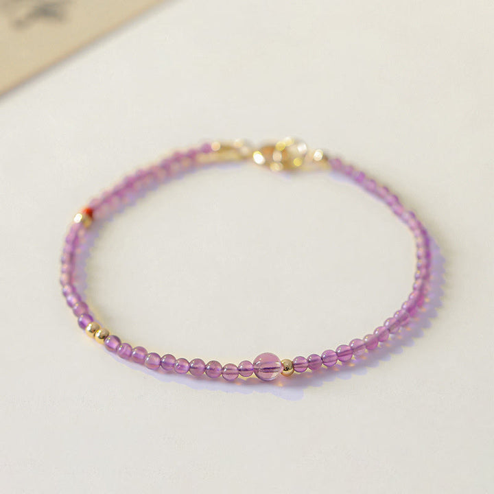 Buddha Stones2mm 極細ビーズ 天然アメジスト 14Kゴールドメッキ銅製 内なる平和瞑想ブレスレット