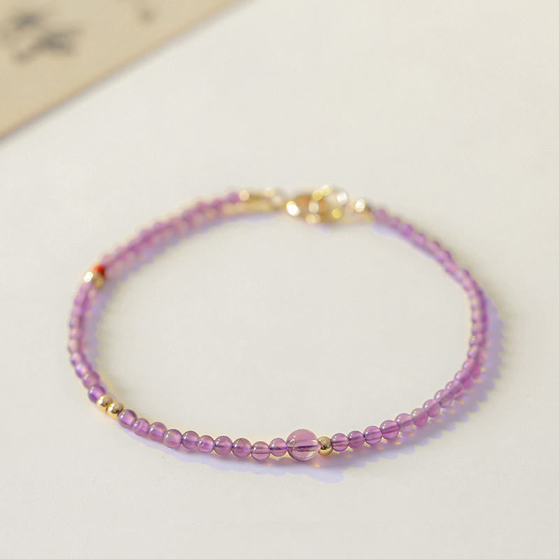 Buddha Stones2mm 極細ビーズ 天然アメジスト 14Kゴールドメッキ銅製 内なる平和瞑想ブレスレット