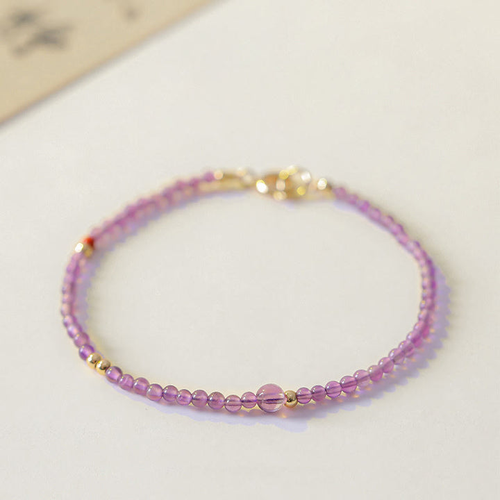 Buddha Stones2mm 極細ビーズ 天然アメジスト 14Kゴールドメッキ銅製 内なる平和瞑想ブレスレット