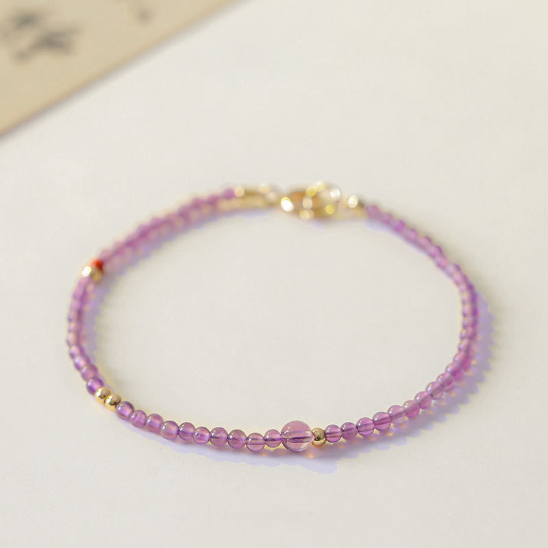 Buddha Stones2mm 極細ビーズ 天然アメジスト 14Kゴールドメッキ銅製 内なる平和瞑想ブレスレット