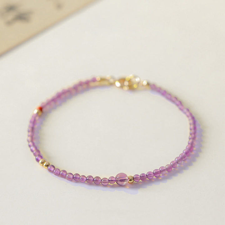 Buddha Stones2mm 極細ビーズ 天然アメジスト 14Kゴールドメッキ銅製 内なる平和瞑想ブレスレット