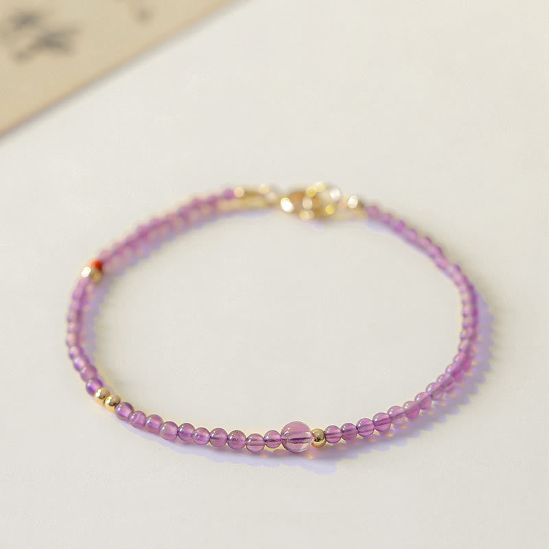 Buddha Stones2mm 極細ビーズ 天然アメジスト 14Kゴールドメッキ銅製 内なる平和瞑想ブレスレット