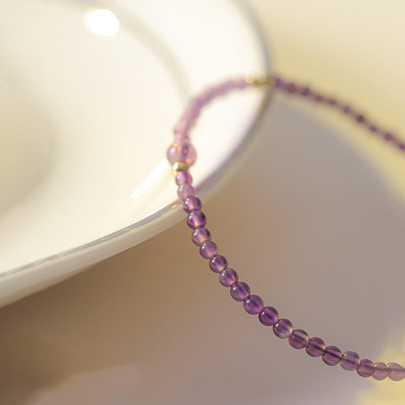 Buddha Stones2mm 極細ビーズ 天然アメジスト 14Kゴールドメッキ銅製 内なる平和瞑想ブレスレット