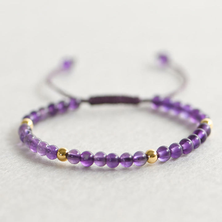 Buddha Stones 4mm ハンドメイド 天然アメジスト 14K ゴールドメッキ 銅ビーズ 編み紐 ストレス解消ブレスレット