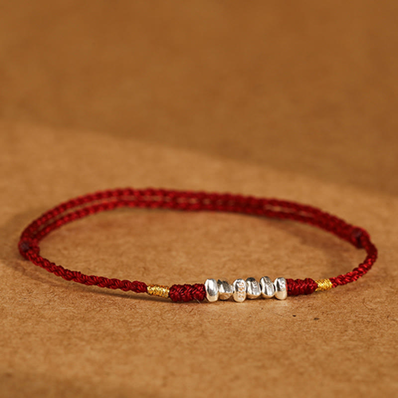 Buddha Stones925スターリングシルバー ストリング プロテクション 幸運 超薄型 編み込みブレスレット アンクレット