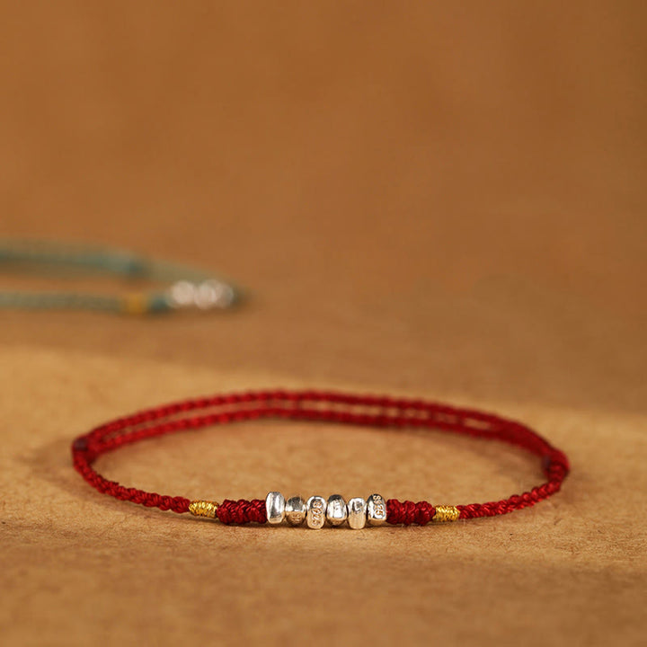 Buddha Stones925スターリングシルバー ストリング プロテクション 幸運 超薄型 編み込みブレスレット アンクレット