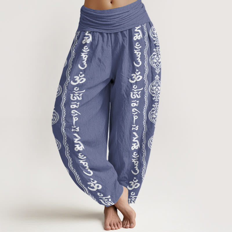 Buddha Stonesコットン マンダラオーム・マニ・パドメ・フムレディース 伸縮性ウエスト ハーレムパンツ - スチールブルー - US22、 UK/AU26、 EU54 (6XL) - image 0