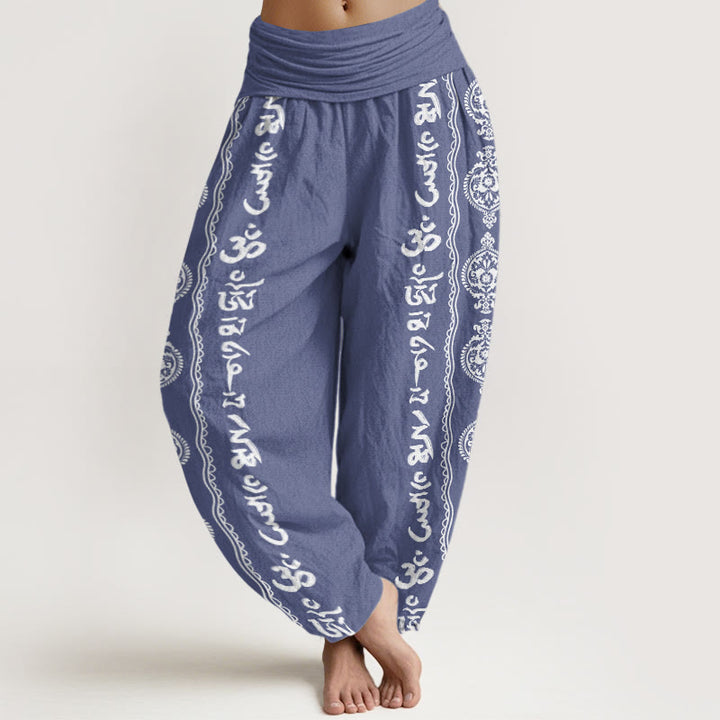 Buddha Stonesコットン マンダラオーム・マニ・パドメ・フムレディース 伸縮性ウエスト ハーレムパンツ - スチールブルー - US22、 UK/AU26、 EU54 (6XL) - image 0