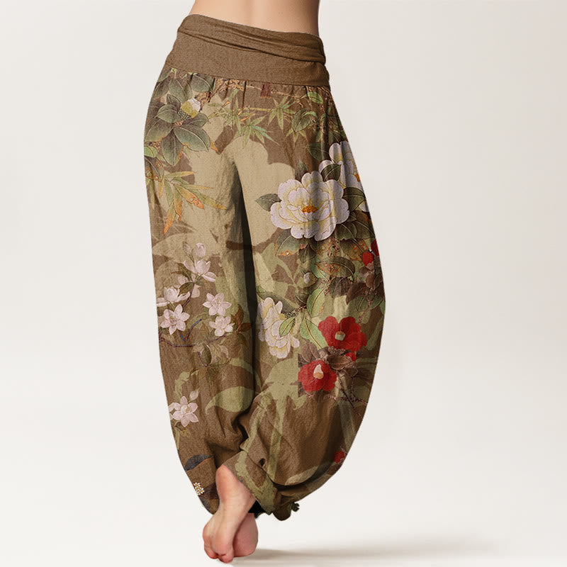 Buddha Stonesコットンカジュアル牡丹花葉マグパイレディース伸縮性ウエストハーレムパンツ - image 6