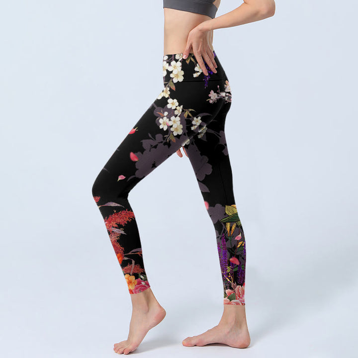 Buddha Stonesブラック カラフルフラワープリント ジムレギンス レディース ヨガパンツ - image 2