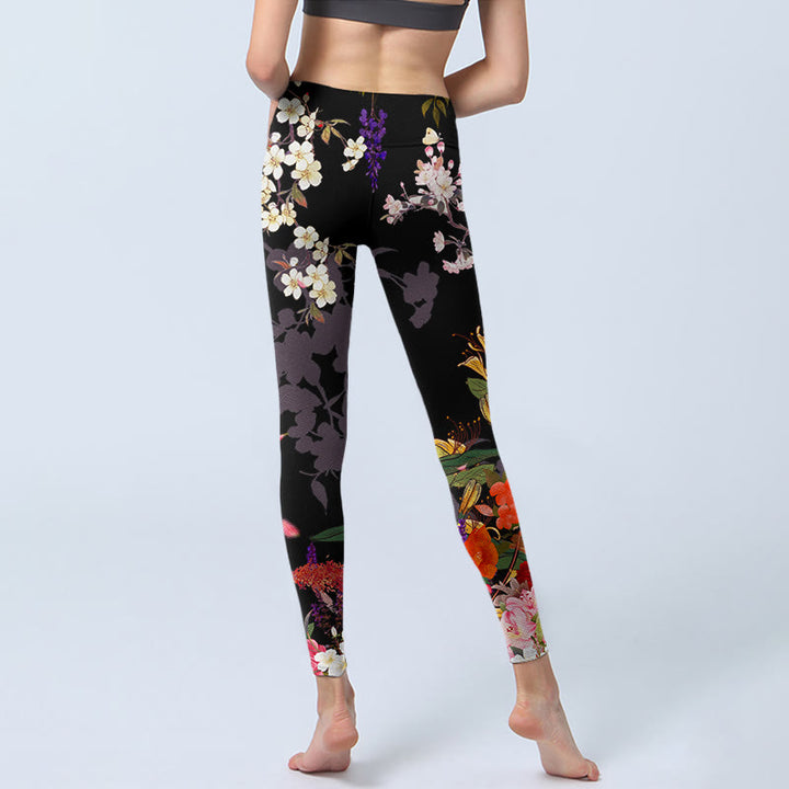 Buddha Stonesブラック カラフルフラワープリント ジムレギンス レディース ヨガパンツ - image 6