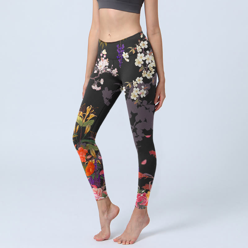 Buddha Stonesブラック カラフルフラワープリント ジムレギンス レディース ヨガパンツ - 黒 - US18、 UK/AU22、 EU50 (4XL) - image 0