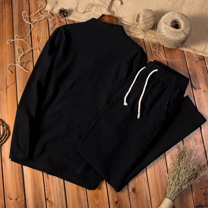 Buddha Stones純色長袖トップスパンツ服メンズセット - image 10