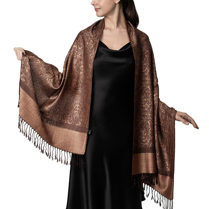 Buddha Stonesチベットカシュー ジャカード タッセル ショール 春 秋 冬 暖かい 心地良い スカーフ ラップ - ダークゴールデンロッド 180×70cm - image 1