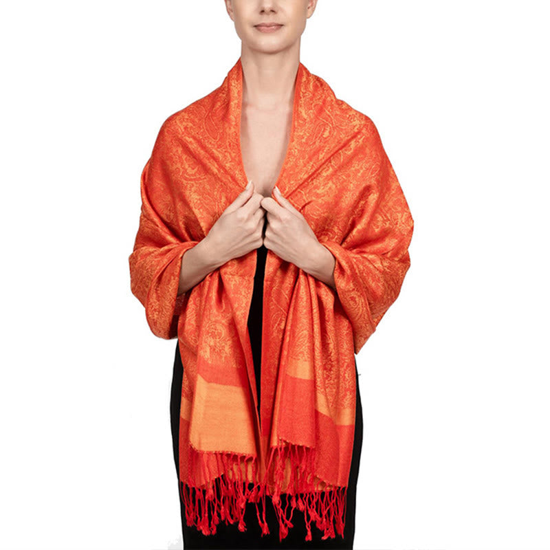 Buddha Stones、チベット産カシューナッツ、ジャカード織りのタッセル付きショール、春秋冬用、暖かく心地よいスカーフラップ - ダークオレンジ 180×70cm - image 27
