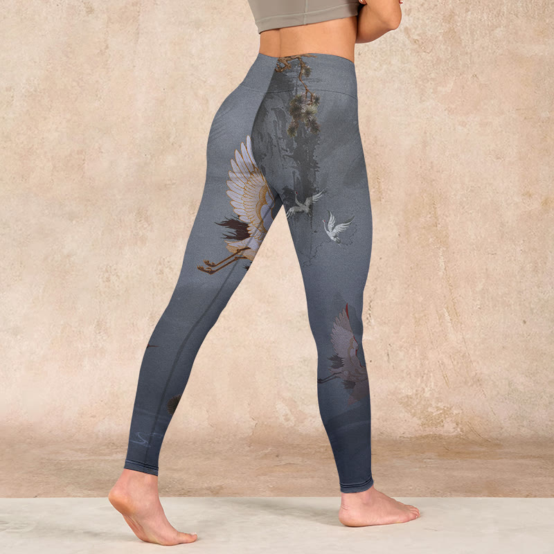 Buddha Stonesと縁起の良い白鶴の松の木のプリントジムレギンスレディースヨガパンツ - image 4