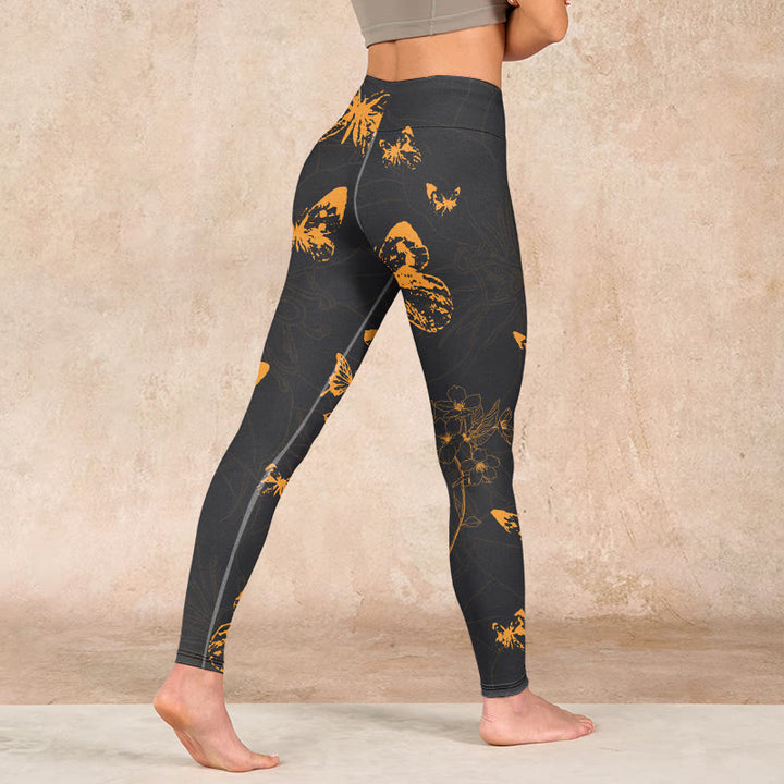 Buddha Stonesダークグレー 蝶 牡丹 花柄 プリント ジムレギンス レディース ヨガパンツ - image 4