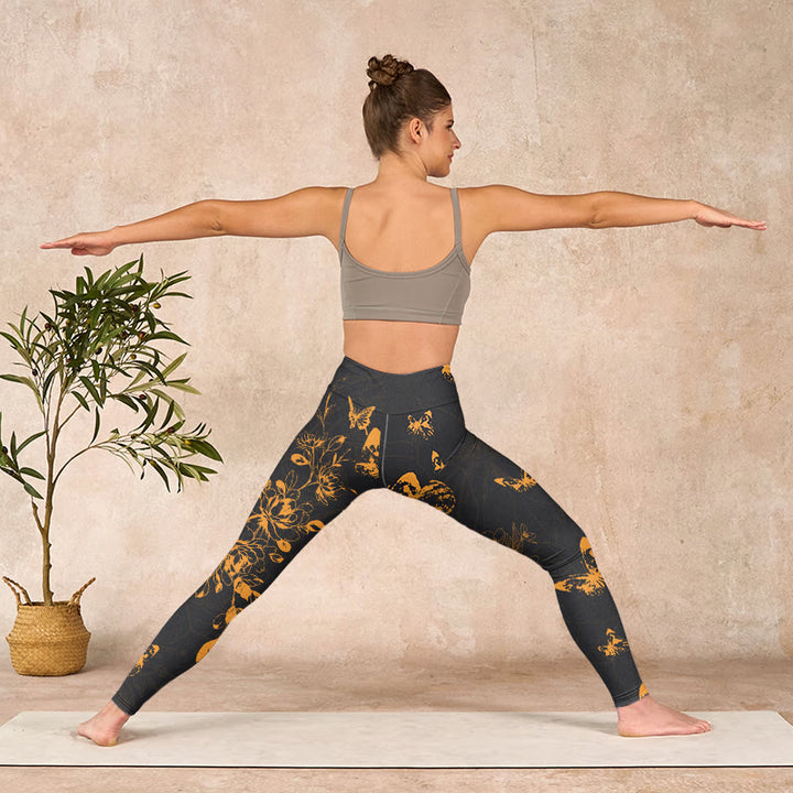 Buddha Stonesダークグレー 蝶 牡丹 花柄 プリント ジムレギンス レディース ヨガパンツ - image 11