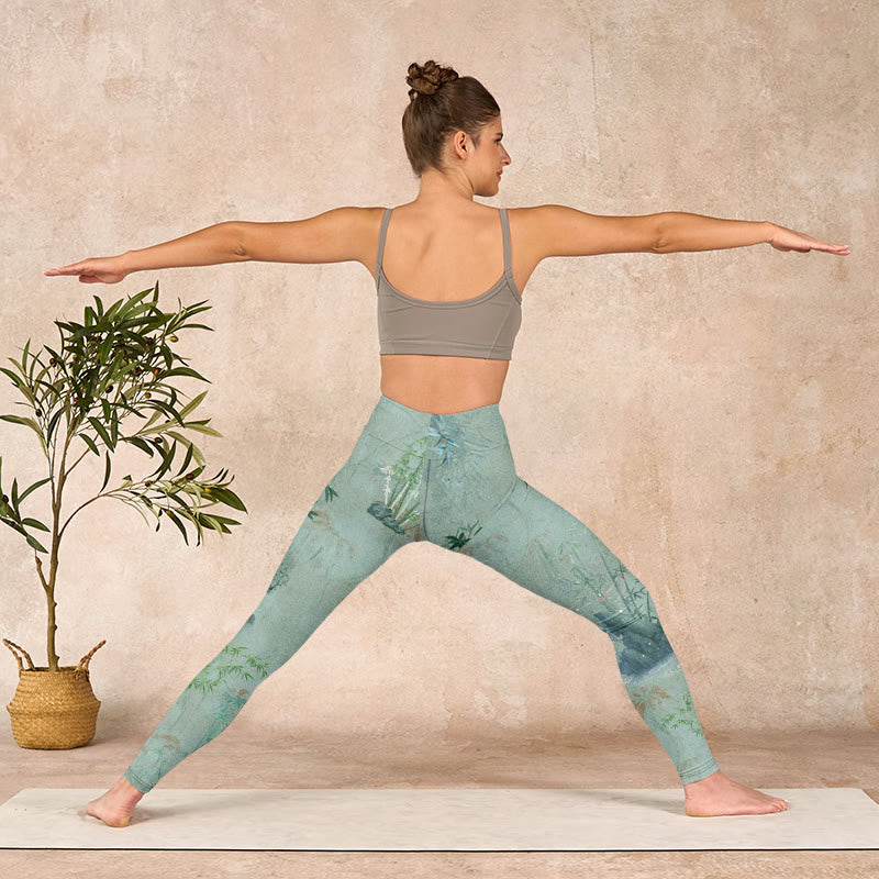 Buddha Stonesグリーン 竹 岩 プリント スポーツ フィットネス レギンス レディース ヨガパンツ - image 11